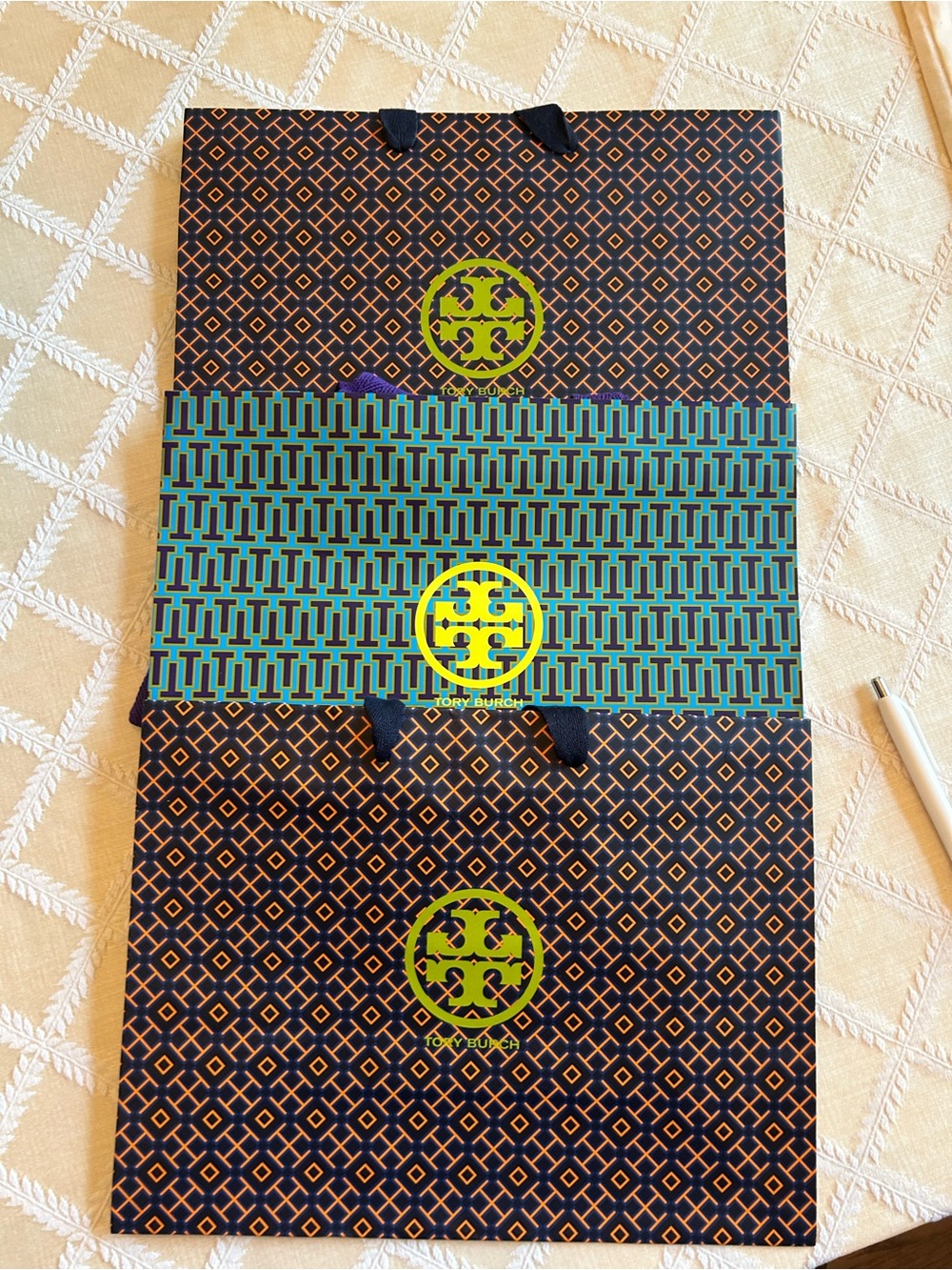 Tory Burch Navy, Teal & Lime Patterned Shopping Bag